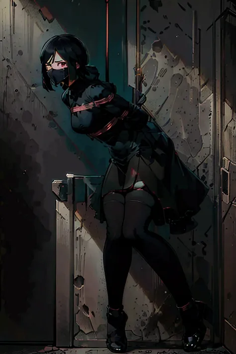 ((best quality)), ((masterpiece)), (detailed), one brunete girl hanging on rope, roped, in center of black room, amputated legs, dead pose, face covered with hair, blood on floor, horror atmosphere, scary