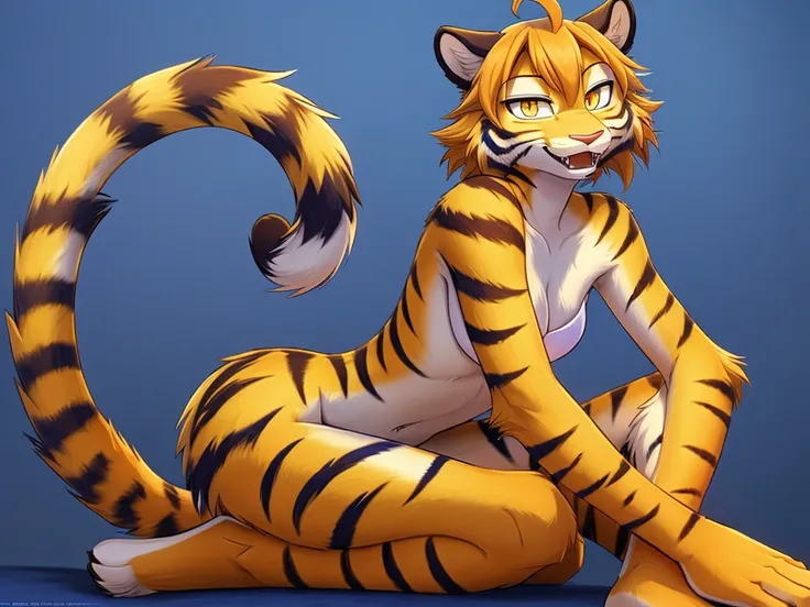 Flora from Twokinds,cute Tiger girl,female furry,furry,multicolored fur,White belly,white chest,white inner thighs,orange body fur with black stripes,full body covered by fur,cat tail,tiger tail,animal ears,cat ears,(ahoge:1.3), long brown orange hair,(big...