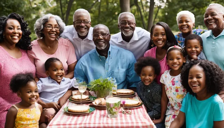 A joyful family gathering with Edward McDonald, a black man, surrounded by his black wife Mazola Ann, four children, grandchildren, and great-grandchildren. Everyone is smiling and enjoying their time together.