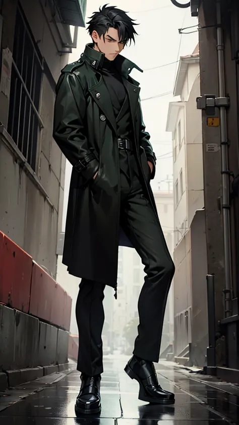 Adult male,jet black, very spiky hair, 
Jet black Long trench coat, squatting, wearing gloves, green accennts, eyes close, tall
