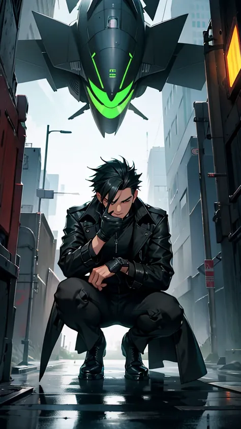 Adult male,jet black, very spiky hair, 
Jet black Long trench coat, squatting, wearing gloves, green accennts, eyes close, tall
