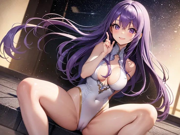 最high quality, high quality, pretty girl, alone, beautiful purple hair, Beautiful purple eyes, smile,White leotard、Spreading her legs