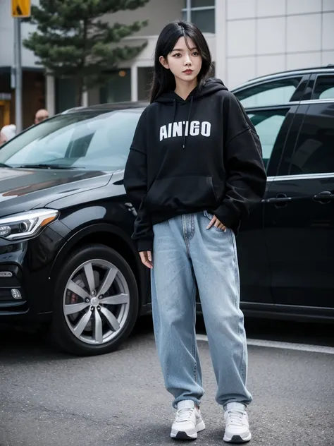 an Asian woman, 30 years old, layered black hair, wearing baggy jeans, black hoodie, white sneakers.