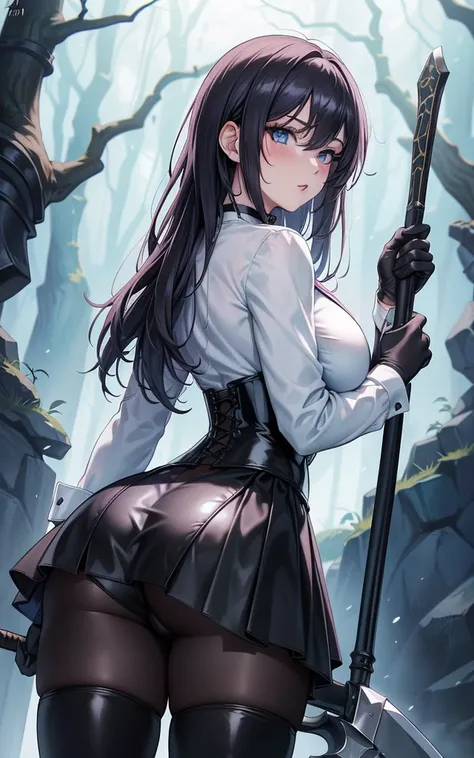 Masterpiece, Beautiful art, professional artist, 8k, art style by sciamano240, Very detailed face, Detailed clothing, detailed fabric, 1 girl, view from behind, perfect ass, big breasts, perfectly drawn body, fighting pose, beautiful face, long hair, blue ...