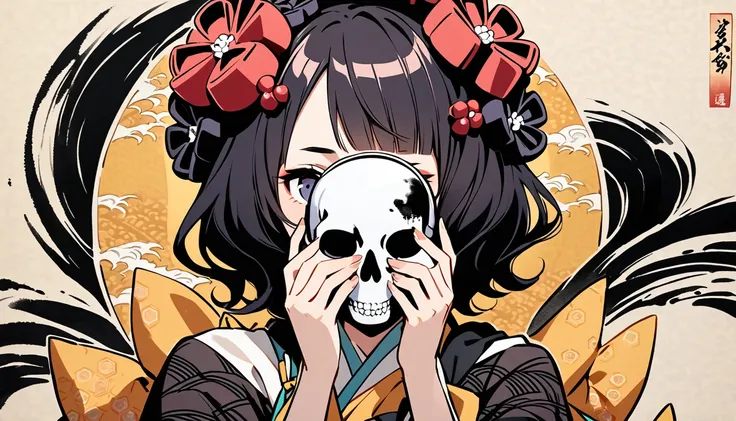 ((Covering his face with a skull mask)), (((Highest quality))), (((Katsushika Hokusai))), (((Ink Painting))), ((very straight longhair)), ((1 girl)), Japanese style headphones, Black Hair, Delicate and precise, Modern ukiyo-e style