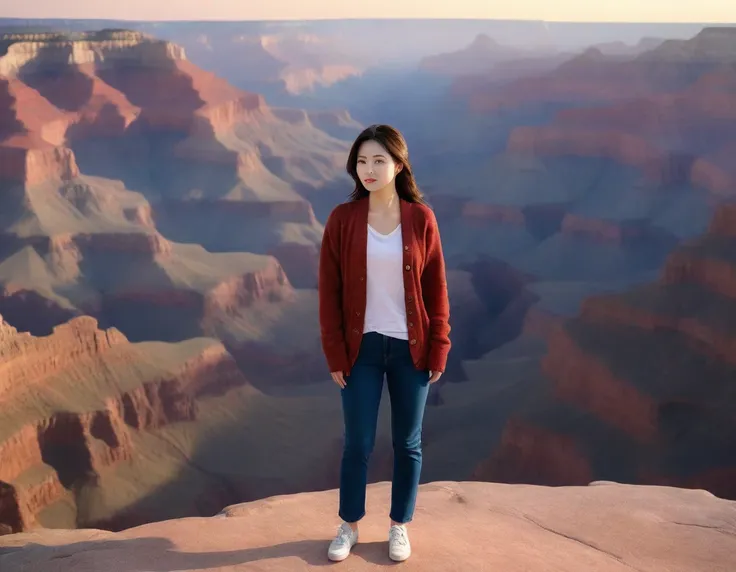 k Best picture quality, Beautiful 36-year-old Korean woman, short and good weather. Chest size 34 inches, View of the Grand Canyon Canyon in Colorado, USA , Red sunrise scene, Picture quality that makes the background vivid and realistic, Short and medium ...