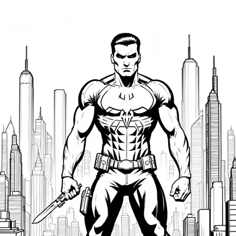 punisher comic city skyline, coloring page, black and white, white background