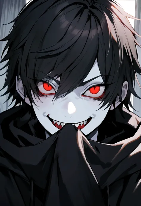 1man, portrait, angelic appearance, solo, Male, large, red eyes, has a scary smile and kitten sharp teeth. Long Black wolf cut hair,, white skin, wears a black hoodie, wears a black mask to cover mouth, stalker, husband 