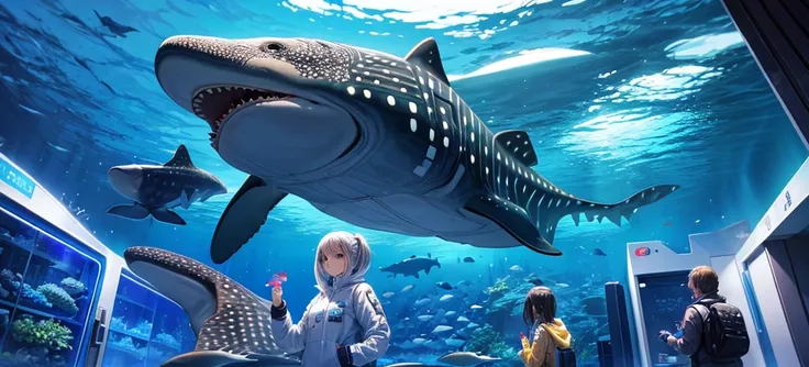 Futuristic beautiful girl　aquarium　Whale shark