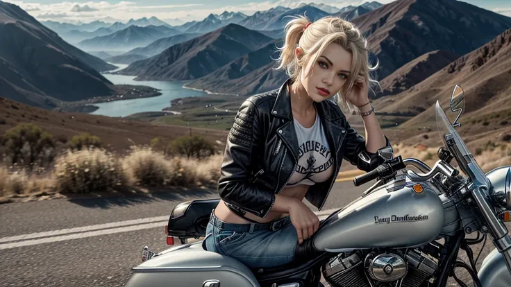 ((masterpiece)), ((best quality)), ((hyper detail)), wide angle shooting, digital painting, beautiful, sexy woman, long straight hair, eyebrows, perfect face, big breasts, T-shirt, leather jacket, big thighs, (short shorts), woman leaning on ((harley david...