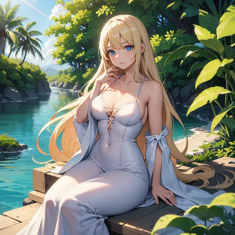 waifu, fictional female person, beautiful loving girl with long blond hair, wearing transparent white dress, waifu dreamy expression, sitting on a beach near the ocean, ocean of palm trees, serene expression, sunlight shining on her face  , detailed facial...