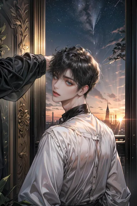 ((4K works))、​masterpiece、(top-quality)、One Beautiful Boy、Slim body、tall、((Black Y-shirt and white pants、big ass,Charming street style))、(Detailed beautiful eyes)、Stylish English Black Balcony、Castle inhabited by villains、Black shop window、Balcony at night...