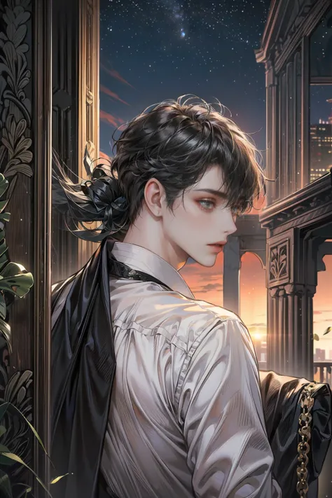 ((4K works))、​masterpiece、(top-quality)、One Beautiful Boy、Slim body、tall、((Black Y-shirt and white pants、big ass,Charming street style))、(Detailed beautiful eyes)、Stylish English Black Balcony、Castle inhabited by villains、Black shop window、Balcony at night...