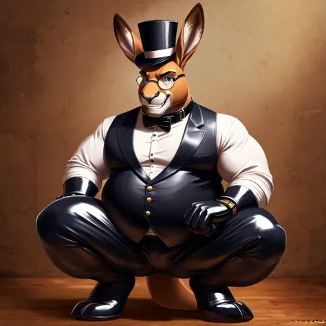 Solo, Male, fat, squatting, extremely obese, gentleman, dapper, Kangaroo, blue eyes, (soft shading), 4k, hi res, ((detailed face, detailed)), looking at viewer, evil grin, collared shirt with buttons, top hat, male focus, Tuxedo, glasses, monocle, vest wit...