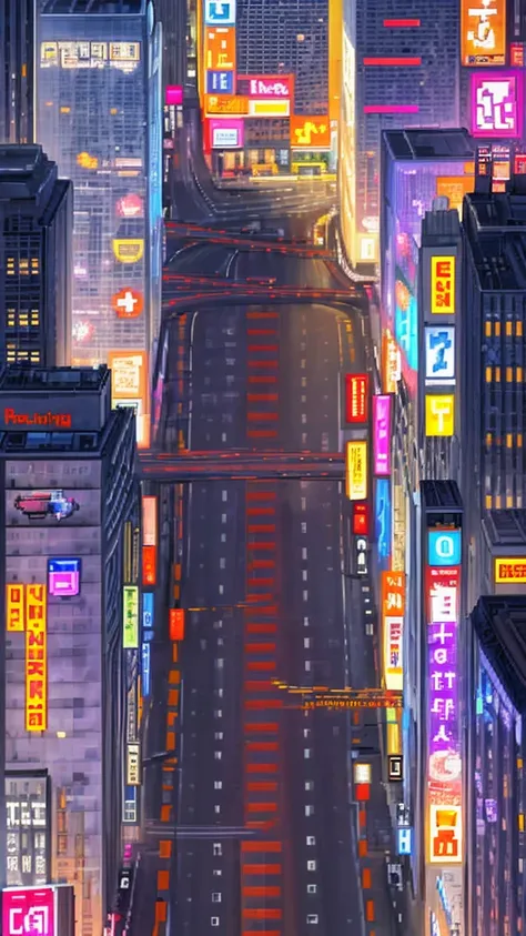 Straight road running through the center of the city, game concept, game map, pixel, pixel art, (straight road:1.2), paved road, night, detailed, vertical, birds eye view, modern city, modern buildings, post-apocalypse, front projection