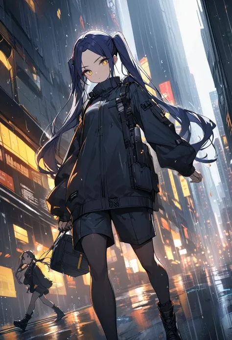 (One person,Very tall woman,Dark navy blue hair,Her hairstyle is twin tails that expose her forehead.,Medium chest,yellow eyes,Black Techwear,Shorts,Dynamic Angle,Walking in the rainy city)