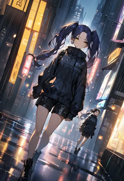 (One person,Very tall woman,Dark navy blue hair,Her hairstyle is twin tails that expose her forehead.,Medium chest,yellow eyes,Black Techwear,Shorts,Dynamic Angle,Walking in the rainy city)