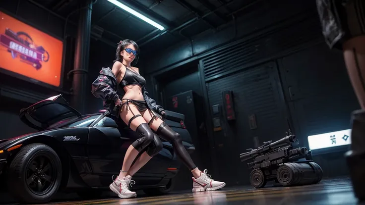 8k, Realistic Skin Texture, Realistic Photo, Neo Tokyo, slim women, large-breast:1.4 cleavage:1.3, AD2050 at night, Dirty hunting jacket, Wearing tube top, miniskirt, (((black sunglasses, automatic rifle, sneakers, cold, shooting pose, very low angle view)...