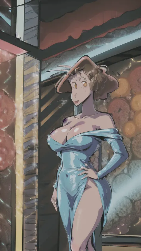 (NSFW), Misae Nohara, full body, thick thighs, hourglass figure, half naked, Looking at the viewer with seductive eyes, brown eyes, Misae Nohara, exposed breasts, 1girl, solo, wearing a transparent blue sequin dress, looking at the viewer, sci-fi, digital ...