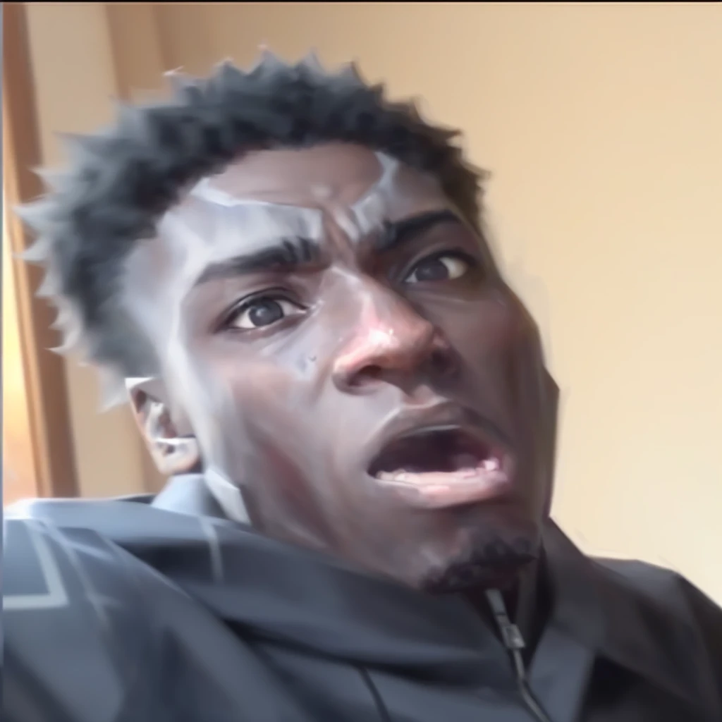 arafed man with a surprised look on his face, he is screaming, looking surprised, insane face, mkbhd as iron man, he is in shock, bony face, bladee from drain gang, very surprised, man is with black skin, horrified look in his eyes, huge surprised eyes, lo...