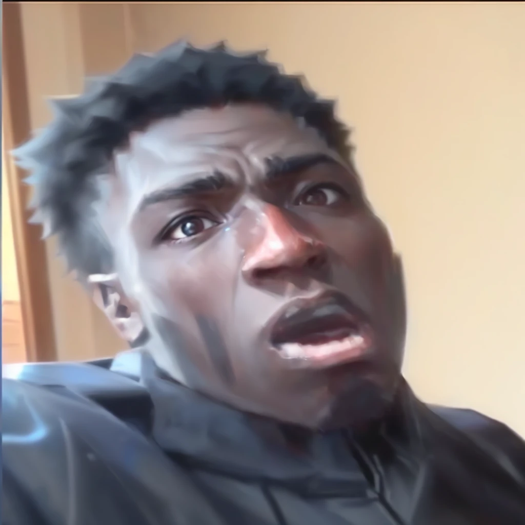 arafed man with a surprised look on his face, he is screaming, looking surprised, insane face, mkbhd as iron man, he is in shock, bony face, bladee from drain gang, very surprised, man is with black skin, horrified look in his eyes, huge surprised eyes, lo...