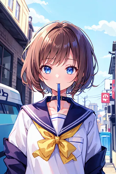 Ski Style, One girl, alone, Brown Hair,  blue eyes, wing, View your viewers, bangs, short hair, bow, Sailor collar, white Sailor collar, hair bow, bow, Mouth closed, shirt, white shirt, Bobcut, mini wing, Portraiture, detached wing, compensate, Upper Body,...