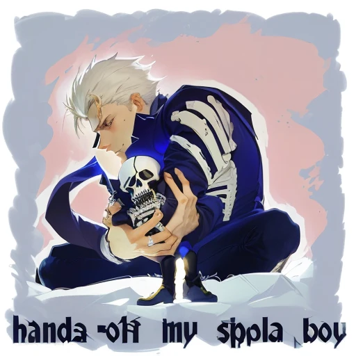 cartoon of a man in a skeleton suit holding a baby, son of sparda, clasps his bangs in one hand, mana shooting from his hands, cel-shaded:17, drawn with photoshop, cel shaded!!!, cel-shaded:15, photoshot, cel shaded:15, shocking, cel shaded anime, fan art