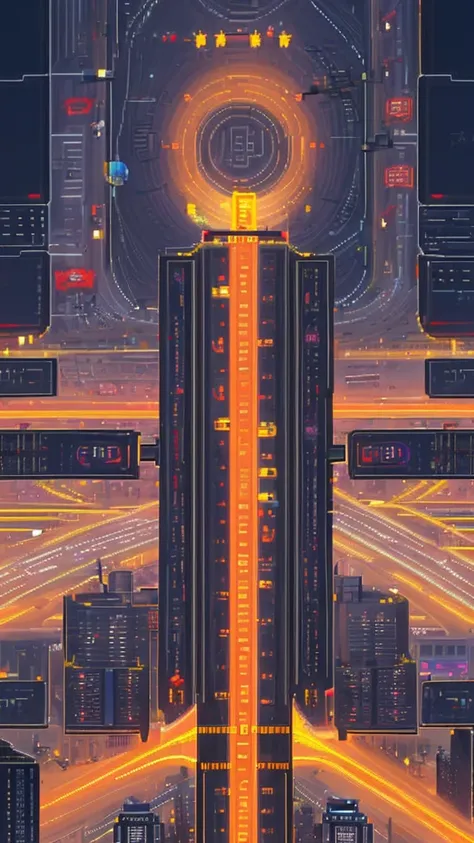 Straight road running through the center of the city, game concept, game map, pixel, pixel art, (straight road:1.2), paved road, night, detailed, vertical, birds eye view, modern city, front projection