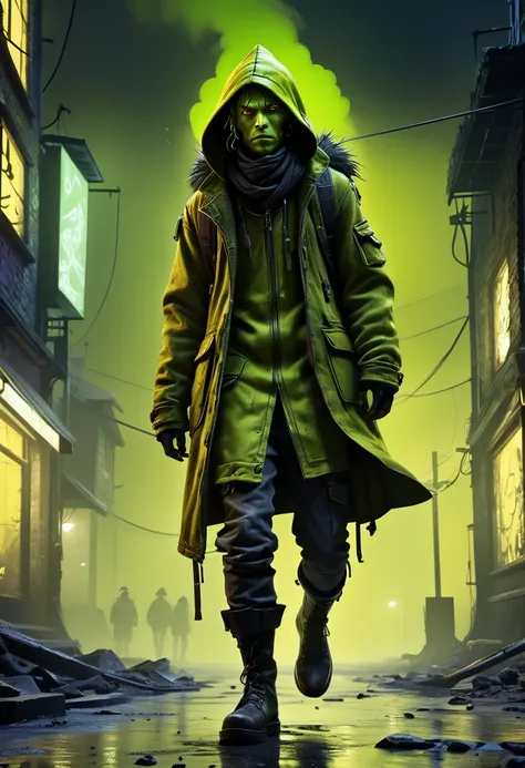 A high-quality digital artwork of a chartreuse vagabond, feeling safe from harm but out of luck, in a scene inspired by "Battle Without Honor Or Humanity." Dark and gritty, urban setting, dynamic composition, strong contrast, detailed character design, moo...