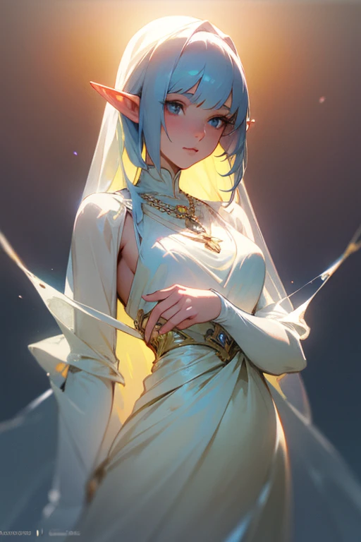 Waist shot of a female elf, Complex, Narrow Face, elegant, Wearing a sapphire necklace, White lightweight dress with straps, To the camera, Very detailed, Digital Painting, Art Station, Concept Art, Smooth, Sharp focus, figure, ArtJam、Greg Rutkowski、Art by...