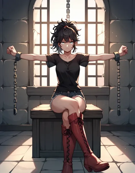 score_9, score_8_up, score_7_up, score_6_up, score_5_up, score_4_up, source_anime, 1girl, black hair, ponytail, white eyes, w-w-chain, shackles, spread arms,crossed legs, messy hair, black shirt, shorts,thigh high boots,red boots, dungeon, best quality, be...