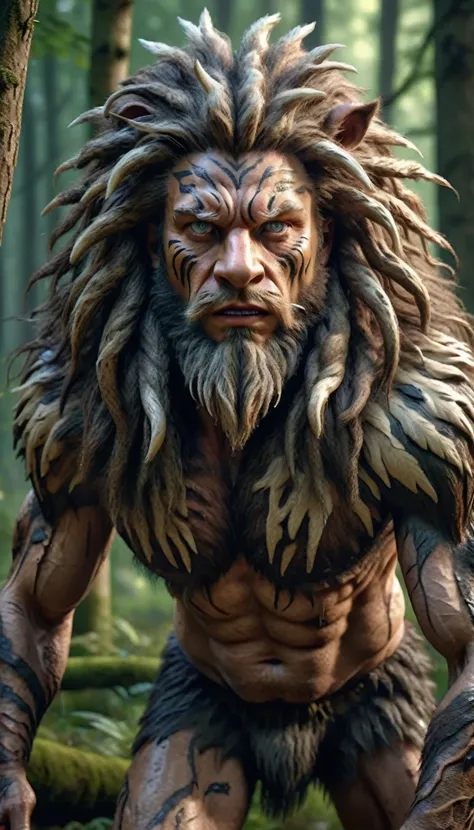 There is a kind of wild man in the forest，Human-like appearance，Full of mane（best quality，4K，8K，High level，masterpiece：1.2），Ultra Detailed，（lifelike，Photo real，Photo real：1.37），Highly detailed animals，Complex patterns，Realistic lighting，Fantasy Creatures