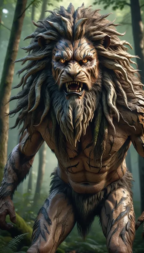 There is a kind of wild man in the forest，Human-like appearance，Full of mane（best quality，4K，8K，High level，masterpiece：1.2），Ultra Detailed，（lifelike，Photo real，Photo real：1.37），Highly detailed animals，Complex patterns，Realistic lighting，Fantasy Creatures