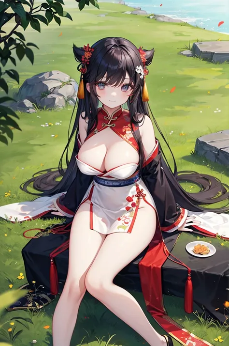 Beautiful Chinese girl，Wearing Hanfu，（transparent），Black long hair，watcher，Sitting on the grass，Lovely，A slight smile on the face，Large bust，Beautiful breasts are long and sagging，Cleavage close-up，（Slim legs:10.0)，Peerless Beauty，Wearing Chinese ancient j...