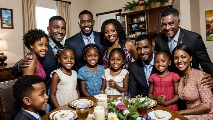 A joyful family gathering with Edward McDonald, a black man, surrounded by his black wife Mazola Ann, four children, grandchildren, and great-grandchildren. Everyone is smiling and enjoying their time together.