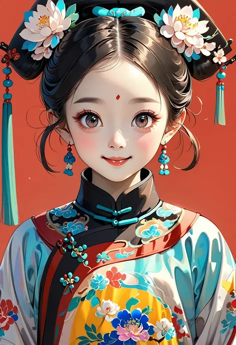 Fine brushwork，Thick coating of the board，Colored pencils，Procreate board drawing beautiful digital art，Clean lines，Beautiful Chinese Qing Dynasty little girl，Big bright eyes，Exquisite facial features，Smile，happy，Qing Dynasty Clothing，(((in))).Bright color...