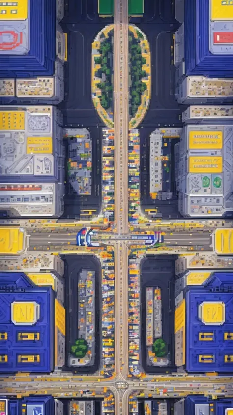 Straight road running through the center of the city, game concept, game map, pixel, pixel art, (straight road:1.2), paved road, night, detailed, vertical, birds eye view, modern city, front projection