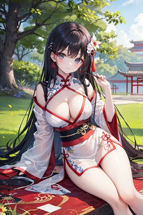 Beautiful Chinese girl，Wearing Hanfu，（transparent），Black long hair，watcher，Sitting on the grass，Lovely，A slight smile on the face，Large bust，Beautiful long breasts stretching forward，Cleavage close-up，（Slim legs:10.0)，Peerless Beauty，Wearing Chinese ancien...