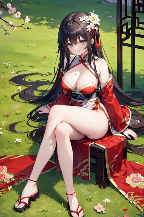 Beautiful Chinese girl，Wearing Hanfu，（transparent），Black long hair，watcher，Sitting on the grass，Lovely，A slight smile on the face，Large bust，Beautiful long breasts stretching forward，Cleavage close-up，（Slim legs:10.0)，Peerless Beauty，Wearing Chinese ancien...