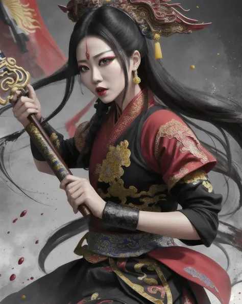 Color Ink Splashing, best quality,masterpiece,highly detailed,ultra-detailed,   beijing opera, solo, 1girl, black hair, makeup  ,fighting stance, holding weapon, portrait, 
<f