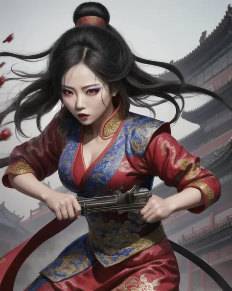 Color Ink Splashing, best quality,masterpiece,highly detailed,ultra-detailed,   beijing opera, solo, 1girl, black hair, makeup  ,fighting stance, holding weapon, portrait, 
<f