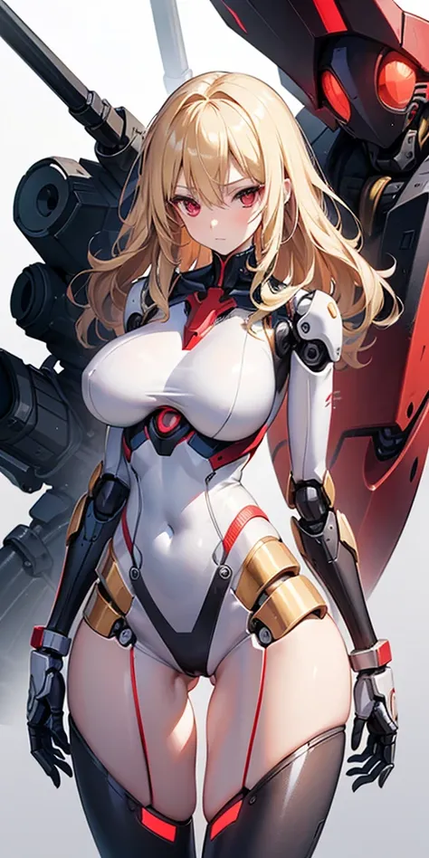 female, skinny, narrow waist, breasts, wavy blonde hair, red eyes, mechanical body, robot body, mechanical joints, robot, mechanical girl, huge breasts, perfect thighs