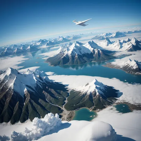  A paper airplane, High definition, horizont, paper plane flying between mountains and blue sky. Airplane made of paper.