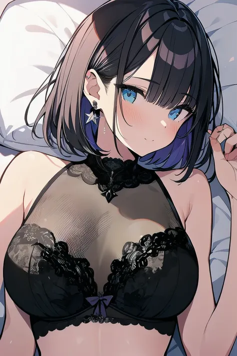 (best quality), (Super detailed), (Best Illustration), (masterpiece), score_9, score_8_up, score_7_up, (8k), (1woman), (black bra:1.2), (lying on bed:1.2), (large breasts), {brown hair, (sideburns), (bob cut:1.3), curly hair, hairs between eyes, colored in...