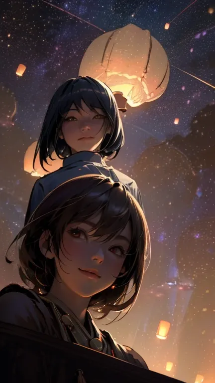 nsfw, Masterpiece, top quality, highly detailed, Photorealistic style, Chiaroscuro style, backlighting, 

2 girls, A lesbian couple in yukata,
looking at the camera with a smile,
A close-up of their beautiful eyes,

(Lots of fireworks all over the sky,
Man...