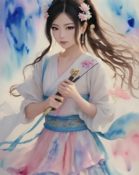 Color Ink Splashing, best quality,masterpiece,highly detailed,ultra-detailed,   beijing opera, solo, 1girl, black hair, makeup  ,fighting stance, holding weapon, portrait, 
  vintage 90s anime style, (watercolor:1.16), soft lighting,, soft, pastel colors, ...