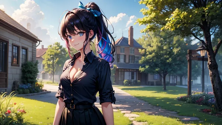 1girl, solo, summer, village, trees, sun, clouds, fantasy, ((colorful hair)), curly hair, ponytail, big full breasts, ((black blazer)), button down shirt, ((blue shirt)), ((short sleeved shirt)), ((unbuttoned shirt)), unbuttoning buttons, cleavage 1:3, blu...