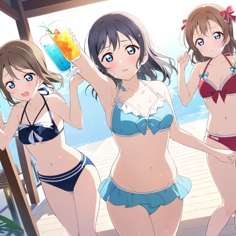 Sakurazaka Shizuku　Brown Hair　Big red ribbon　Light blue eyes　Light blue bikini　Beach　Drink a drink　Strong sunlight　sun　Sweaty　LoveLive　Nijigasaki Gakuen School Idol Club