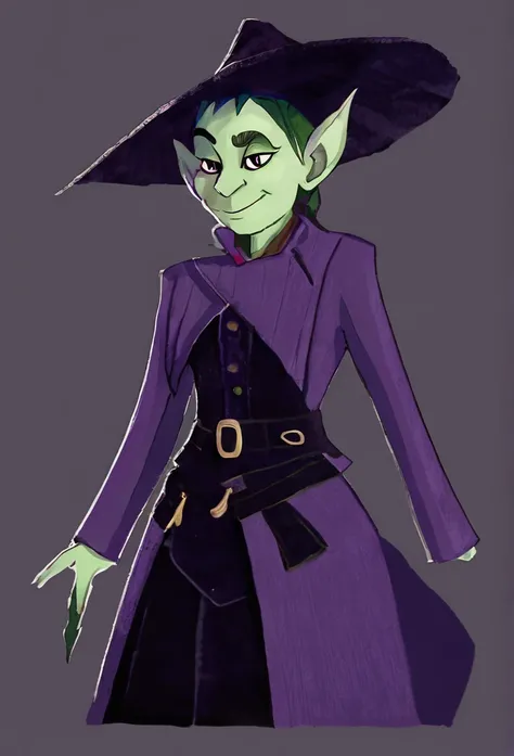 A pale green skin, Beautiful witch woman, half goblin, half human, half of the upper body, dark purple garments