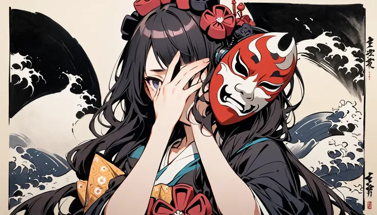 ((Covering his face with a Tengu mask)), (((Highest quality))), (((Katsushika Hokusai))), (((Ink Painting))), ((very straight longhair)), ((1 girl)), Japanese style headphones, Black Hair, Delicate and precise, Modern ukiyo-e style